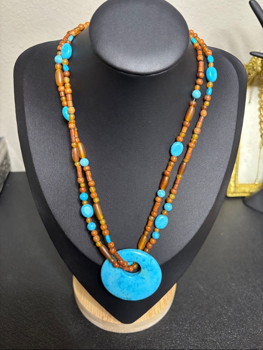 Turquoise Stone Disc & Wood Beaded Southwestern Boho Necklace